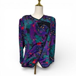 Vintage 1980s Via Sant Andrea Abstract Wrap Blouse | Jewel Tone Bow Top